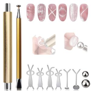 Double-Head Cat Eye Nail Magnet Set, Nail Magnet Tool with Cat Eye Nail Magnet Beads and Nail Magnet Guides, Double-Side Flower Design Nail Magnetic Pen, Cat Eye Magnet for Nail Art DIY (Gold)