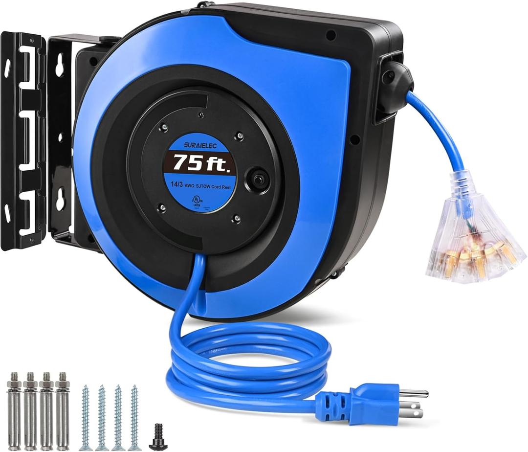 SURAIELEC Retractable Extension Cord Reel, 75 FT 14 AWG/3C SJTOW Power Cord, 3 Outlets Triple Tap, 10 AMP Circuit Breaker, Ceiling/Wall Mount, UL Listed
