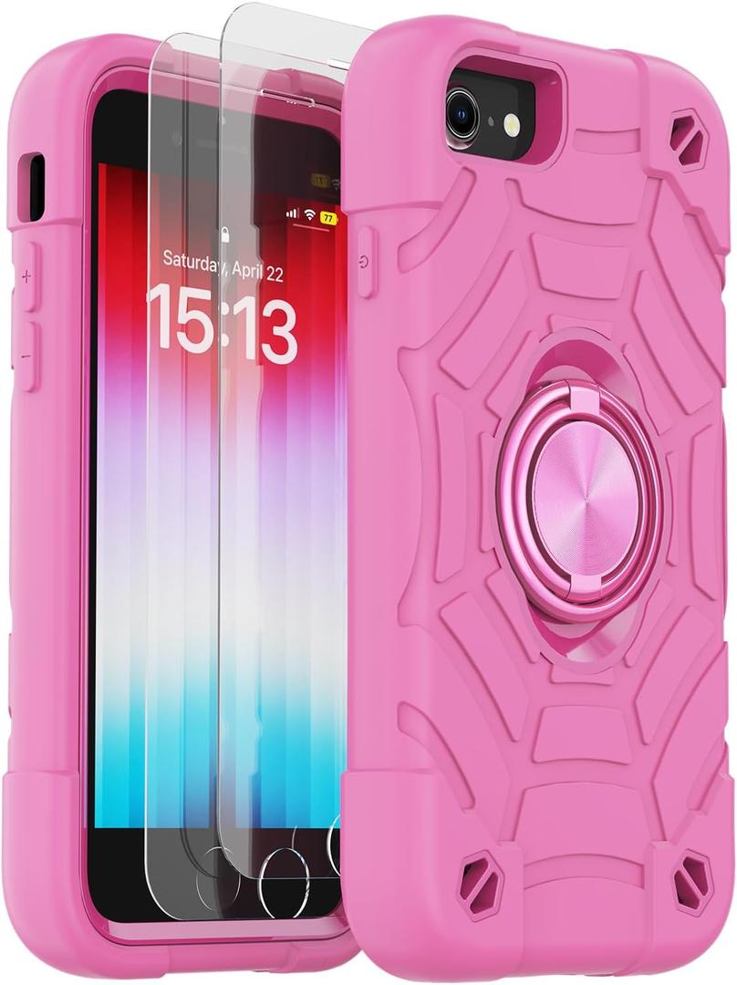 KCJ for iPhone SE Case 2022/2020, iPhone 8/7/6/6S Case, with [2Screen Protectors][Ring Stand] Soft Silicone+Hard PC Full Body Protection Heavy Duty Phone Case 4.7 inch Pink