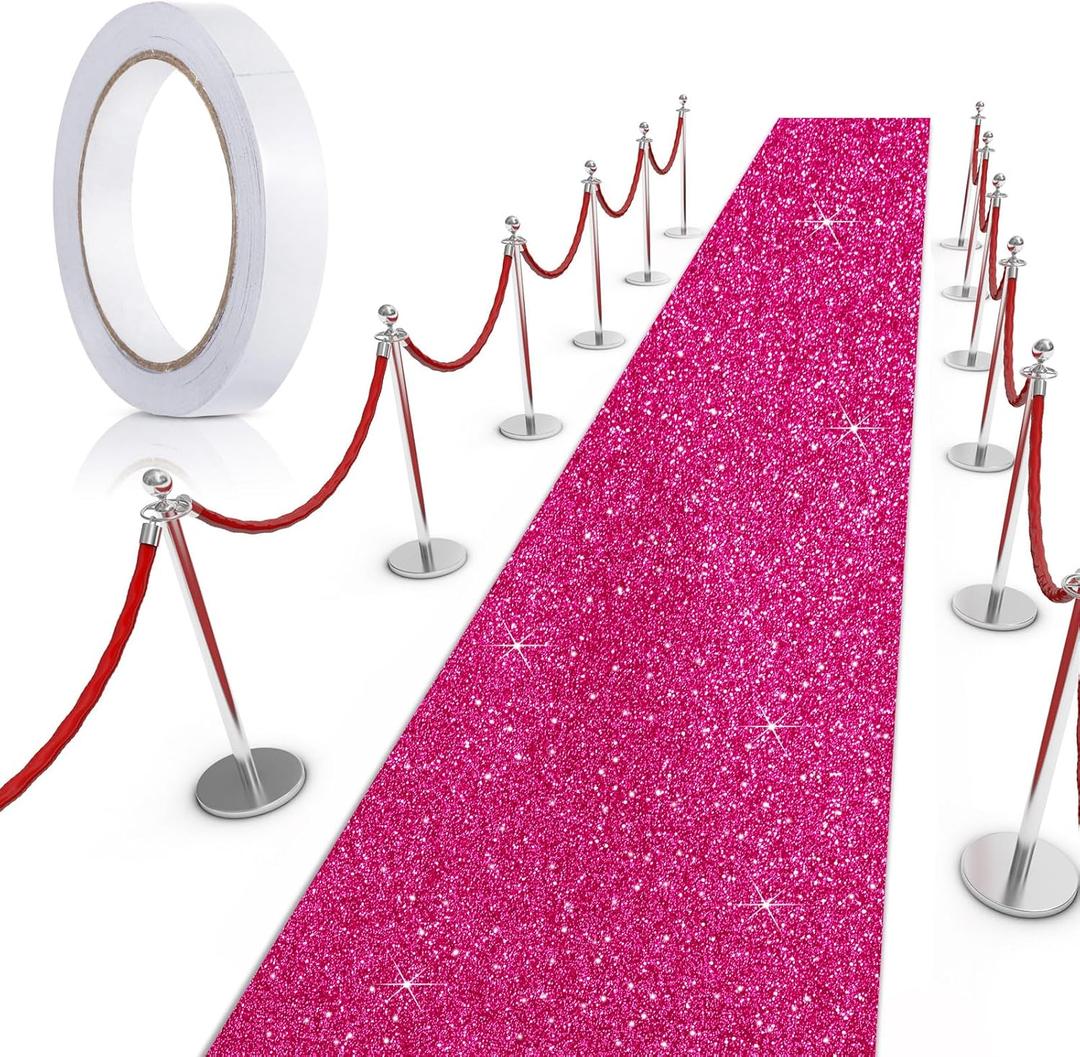 Tatuo Carpet Runner 2.46 x 30 ft Runway Rug 55 GSM Thickness with Carpet Tape for Prom Graduation Wedding Outdoor Indoor Hallway Movie Party Decoration Rug(2.46 x 30 Feet,Glitter Rose Red)
