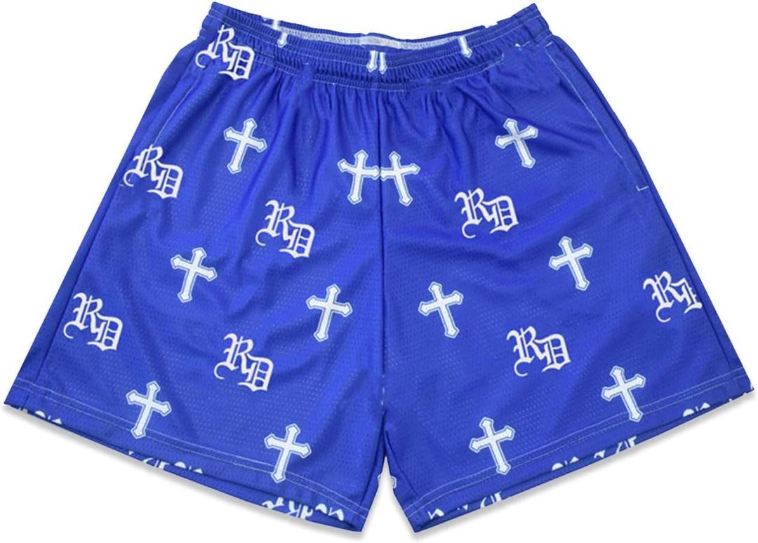 Mens Graphic Shorts 5 Inch Sports Basketball Summer Mesh Workout Running Casual Elastic Waist with Drawstring (Medium, 06 Christian Cross_blue)