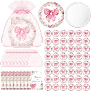 Namalu 48 Sets Coquette Pink Bow Party Favors Compact Mirror Bulk Pink Bow Gift Bag and Thank You Cards Bags for Baby Shower Bridal Wedding Guest Appreciation Gifts Gender Reveal