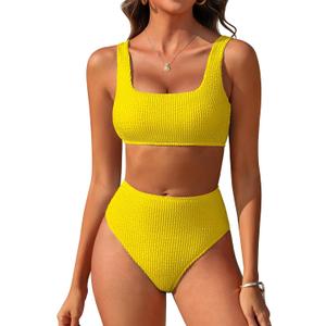 ANRABESS Women’ Two Piece Bikini Sets， High Waist Square Neck Swimsuits ，Ribbed Textured Comfy Bathing Suits，Beach Swim Wear, S