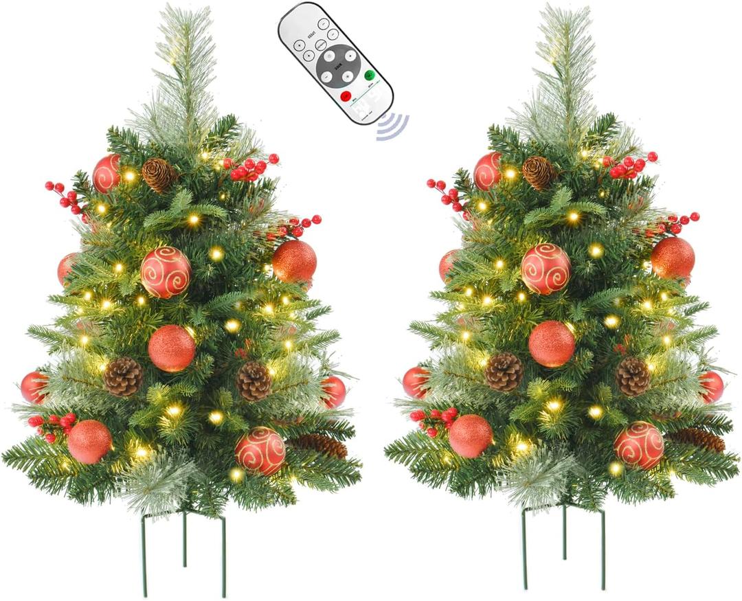 2 Pack Prelit Outdoor Christmas Tree 30 Inch, Remote Control Battery Operated with 100 Warm White Multi-Color Changing LED Lights, Small Pre-Decorated Green Xmas Tree for Pathway, Porch (Red)