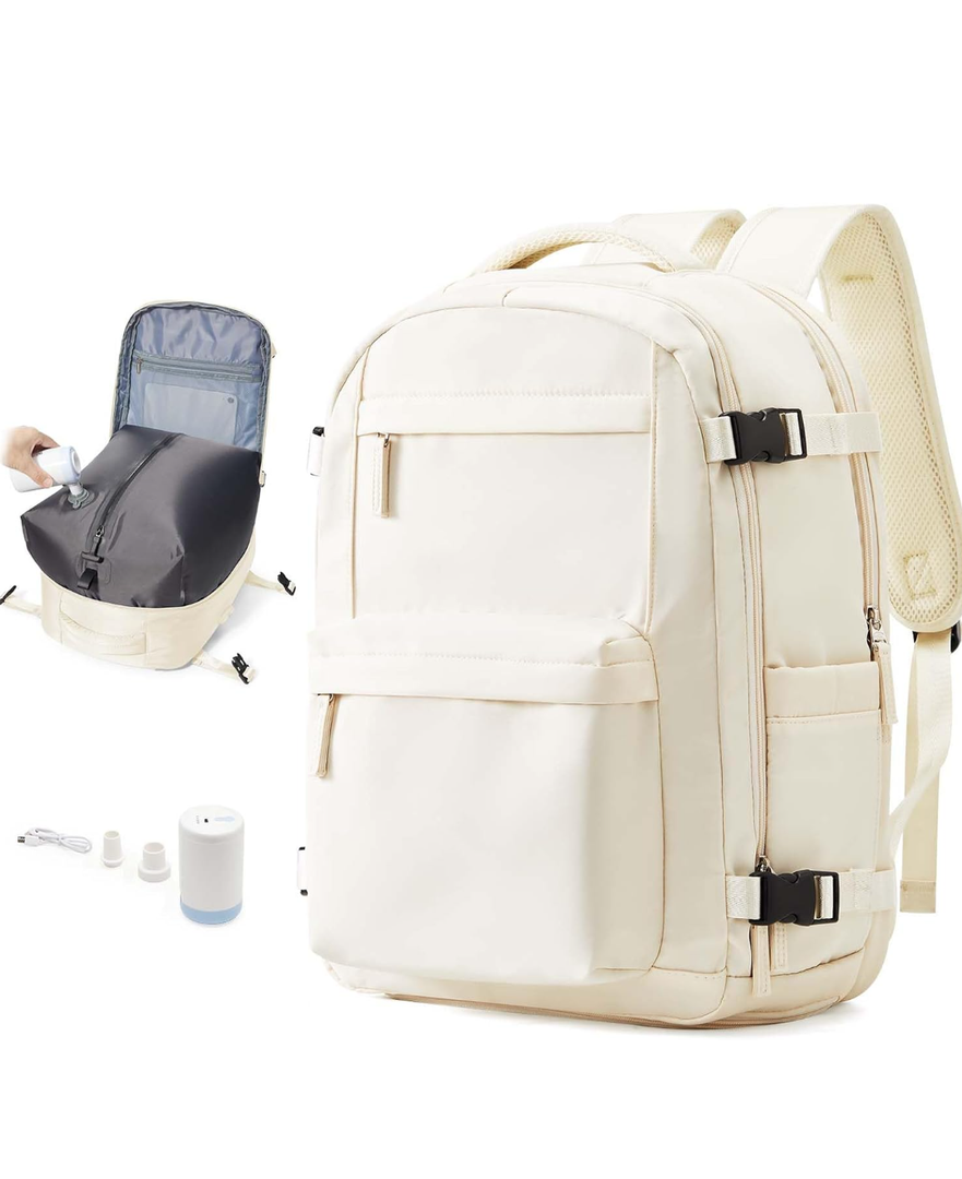 Vacuum Travel Backpack with Air Pump 18x14x8 inches Laptop Personal Item Carry on Flight Approved Compression Vacuum seal Travel Essentials Backpack Space Saver Bags Storage Men mochila de viaje Beige