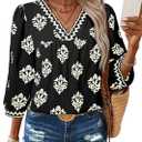 SHEWIN Women's Casual V Neck Floral Print Chiffon Blouses 3/4 Sleeve Boho Summer Tops Shirts (Large, Black)