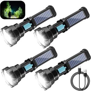 Rumiom Solar/Rechargeable LED Flashlights, Multi Function Flashlight with 2000 mAh Battery, Emergency Strobe Light, Waterproof, Fast USB Charging, Survival Gear and Supplies for Camping, 4 Pack