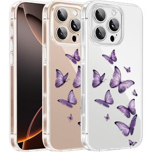 Cute Girly Crystal Clear Case Compatible with iPhone 16 Pro, Camera Control & Shockproof Protection Floral Case for Women, Black-Purple Butterflies