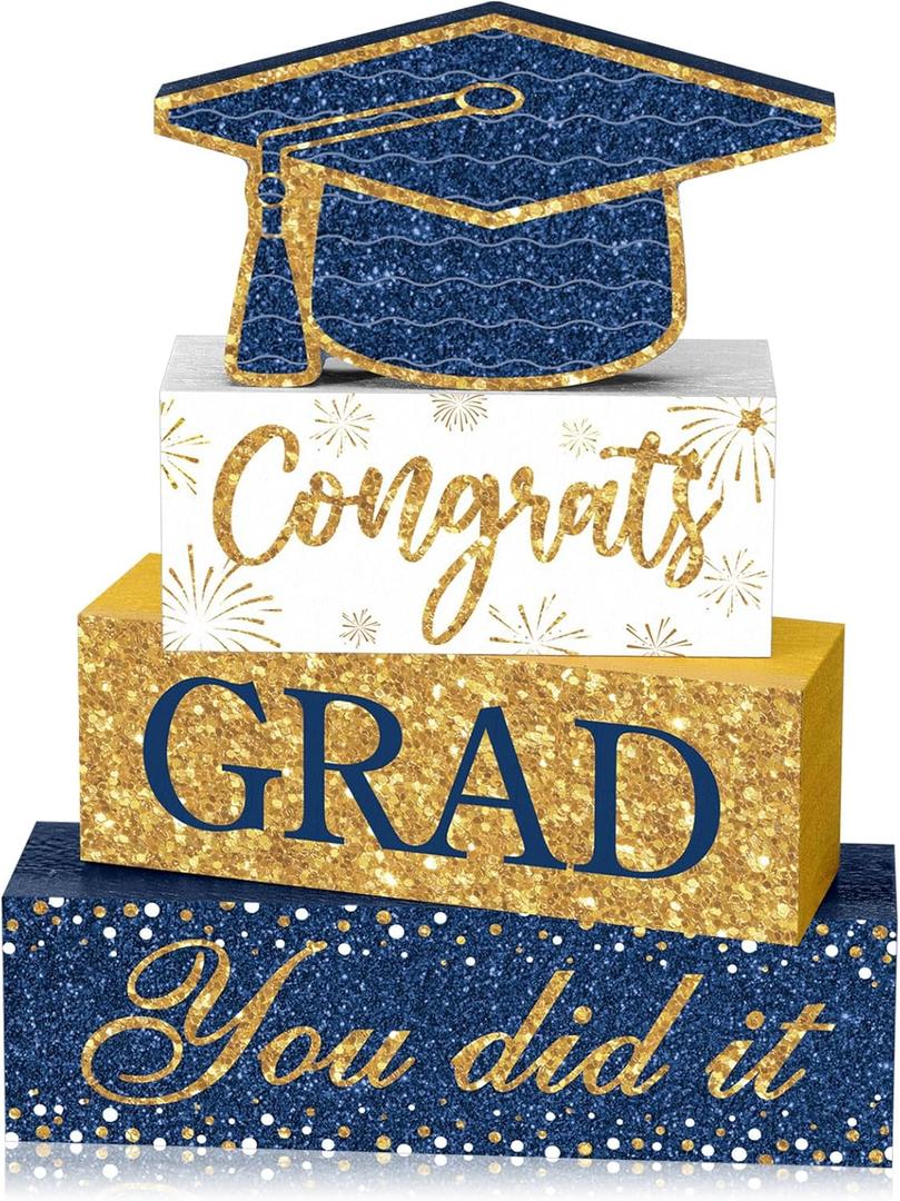 Cinnvoice 4 Pcs Graduation Table Decor 2026 Congrats Grad Centerpiece Class of 2026 Wood Sign Graduation Tiered Tray Decor Farmhouse Congratulate Gifts for Home Shelf Party Decorations(Blue Yellow)