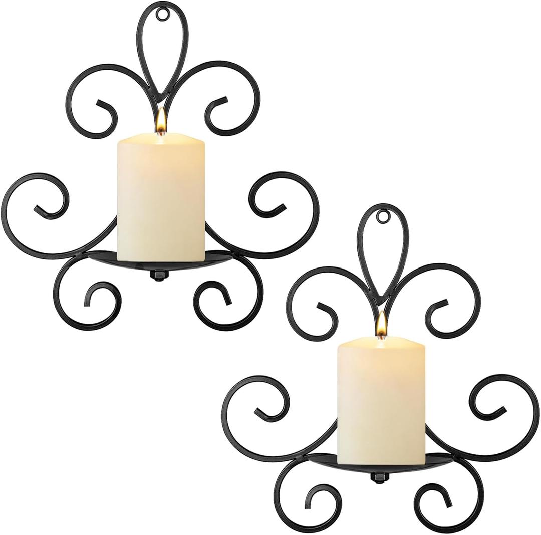 Wall Candle Sconces Set of 2, Triple Scroll Pattern Candle Sconces, Metal Wall Candle Holder for Home Decor, Living Room, Dining Room, Bedroom, Black, Gifts for Men Women Mom or Dad