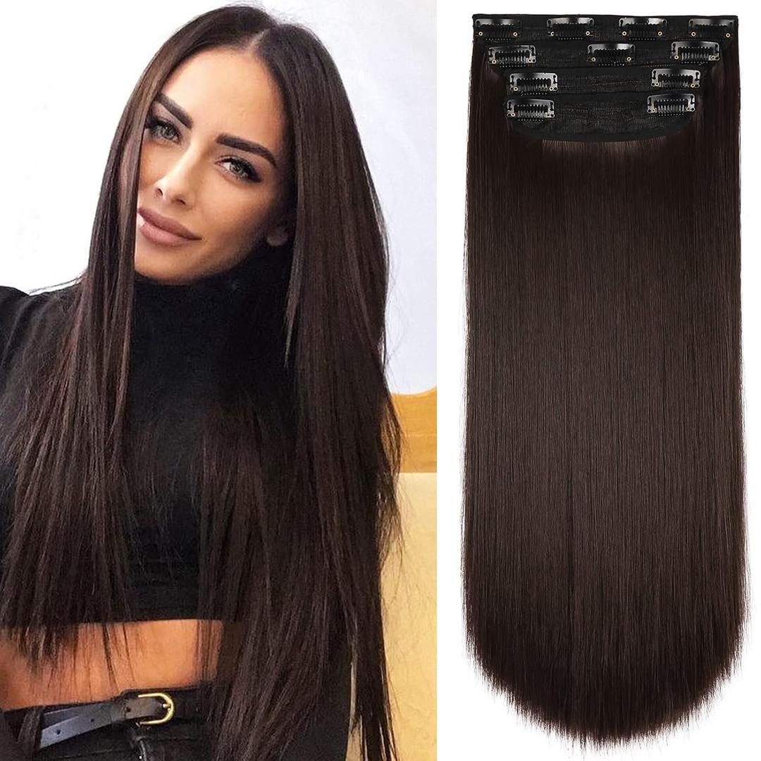 4PCS Clip in Hair Extensions Brown Black 20 Inch Long Wavy Synthetic Hair Extensions(4pcs, 20Inch, 4#)