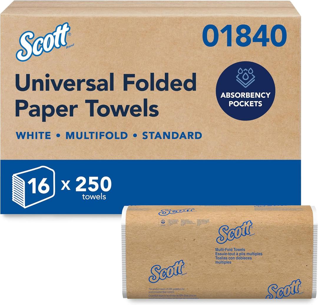 Scott Professional Universal Multifold Paper Towels, Bulk (01840), Absorbency Pockets, 9.2" x 9.4" sheets, Standard Tier, Compressed, White (250 Sheets/Pack, 16 Packs/Case, 4,000 Sheets/Case)
