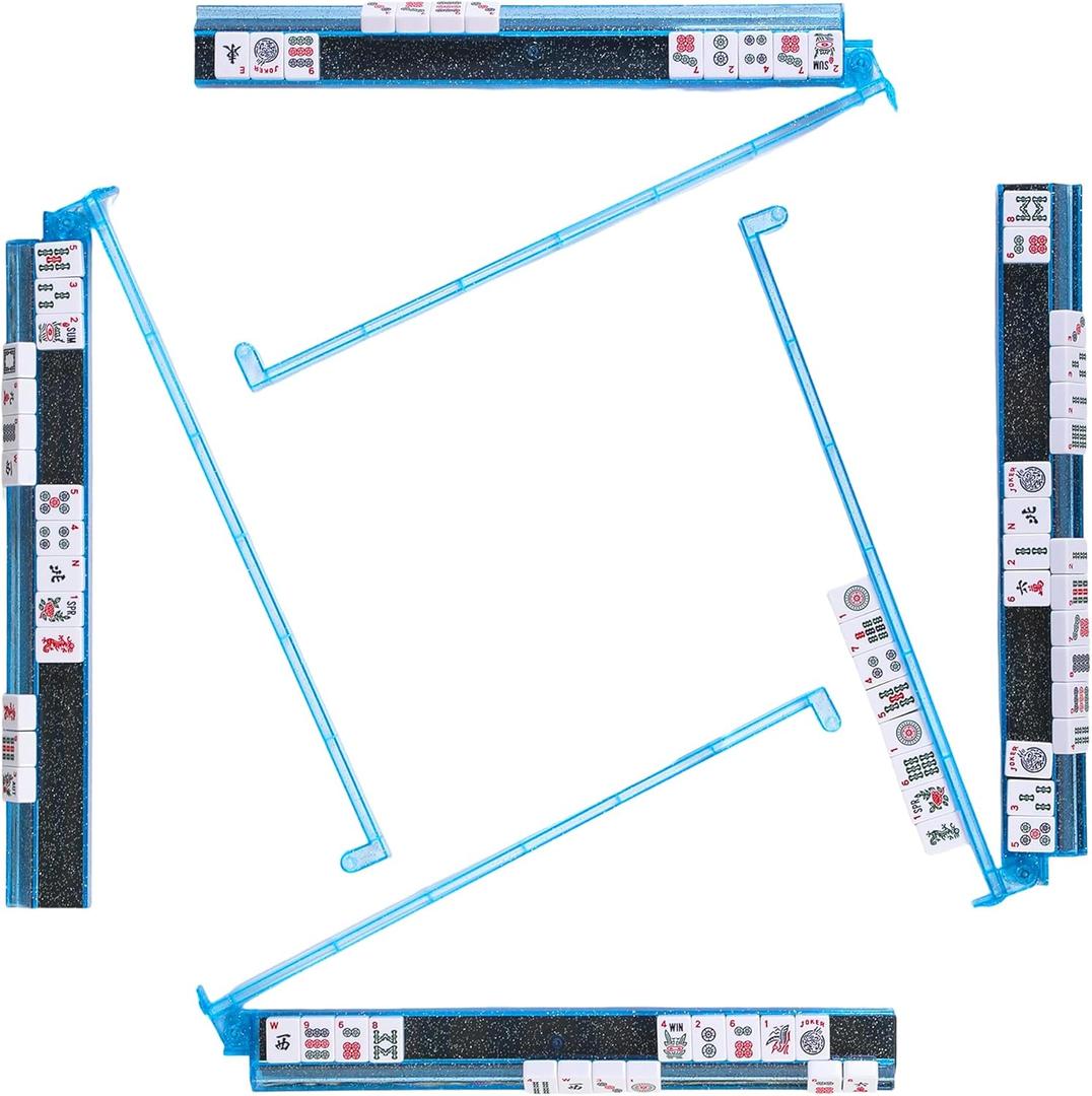 Mahjong Racks with Pushers, Anti-Slip Design Clear All-in-One Mahjong Racks and Pushers - Modern American Mahjong Tile Racks Set of 4 (Bling Blue)