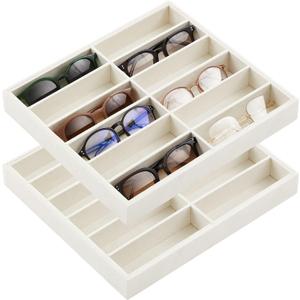 Amylove 2 Pcs Sunglass Organizer Trays Glasses Stackable Jewelry Trays Sunglass Organizer Display Box (12 Grids,Beige)