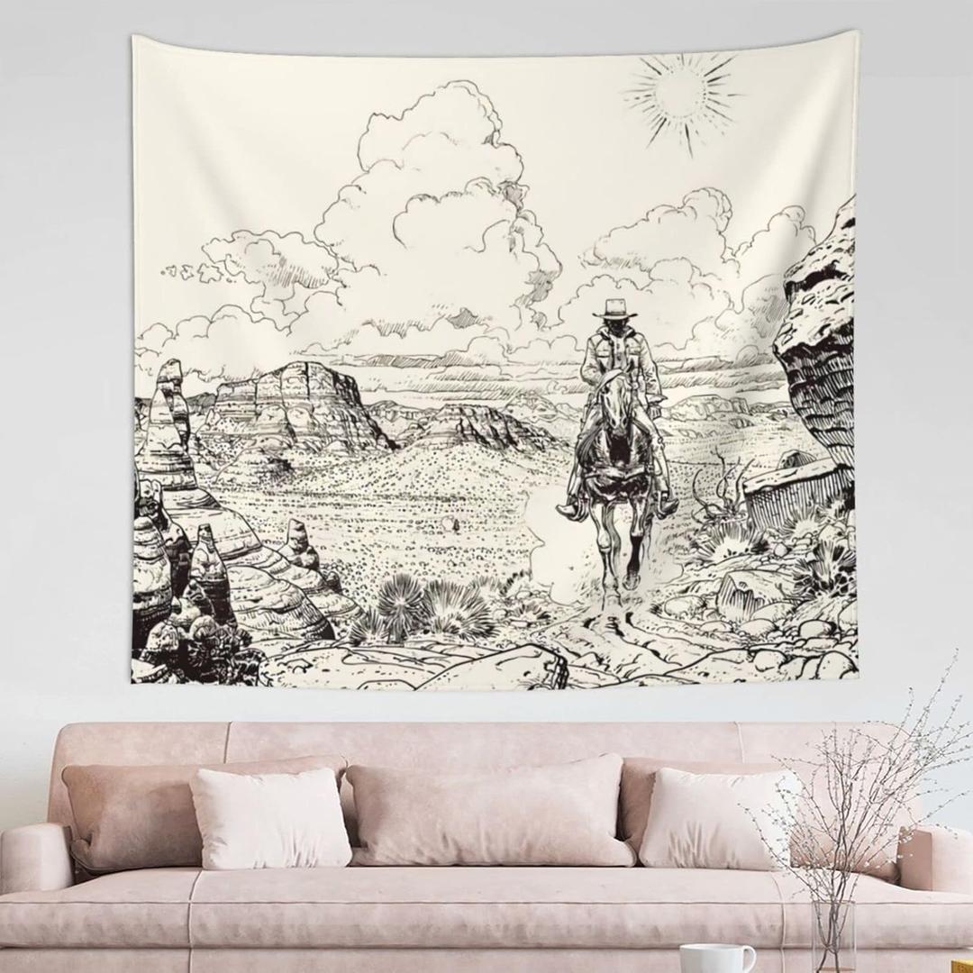 EAGSTS Western Wild West Landscape Illustration Mountains Cowboys Desert Cactus Plants Tapestry Country Home Wall Hanging Bedroom Living Room Dorm House Patry Decor Decorations Tapestry 60x51 Inches (60L" x 51W")