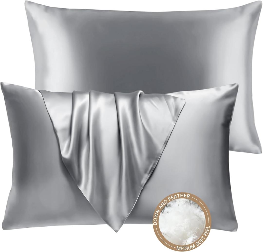 BHZ Grey Satin Goose Down Feather Pillows Standard Size Set of 2 with Pillowcase for Hair and Skin, Cooling Pillow Cases Similar to Silk Pillow Cases, Decor for Women, Mom Men