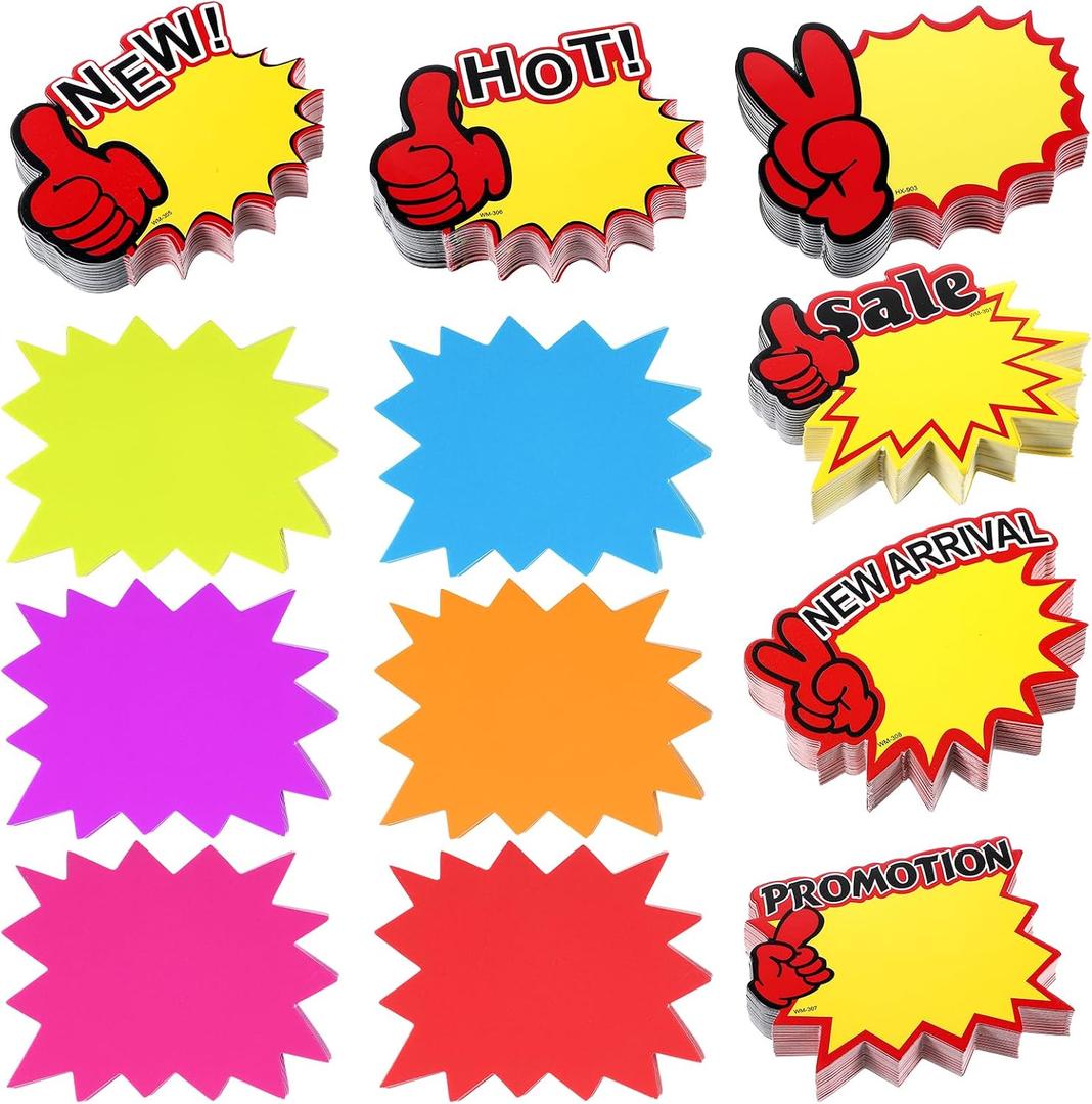 1200 Pieces Starburst Sale Signs, 12 Styles Fluorescent Star Burst Price Tags, Starburst Retail Price Sign Cards for Garage Yard Estate Sale, Market & Retail Store Supplies
