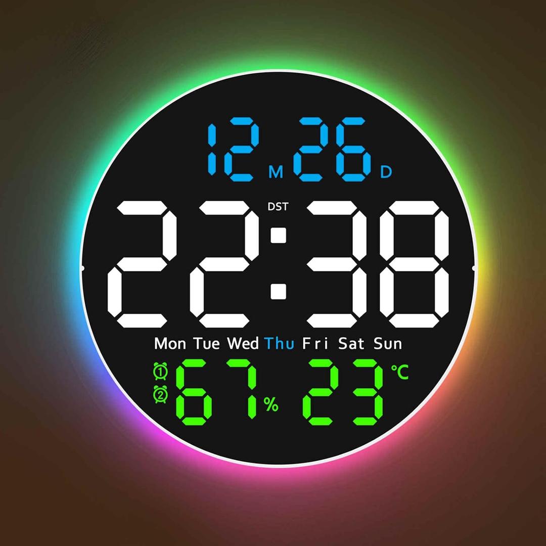 GLOKUUCA 10 Inch Large Digital Wall Clock with 9 Color Changing Remote Control, Date Week Temperature, Auto Brightness Dimmer Clock Night Lights,Blue+Green