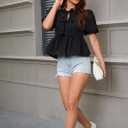 Womens Babydoll Peplum Tops Summer Puff Short Sleeve Bow Tie Blouse Y2k Cute Trendy 2025 Shirts (Black, S)