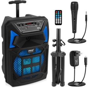 Pyle Bluetooth PA Speaker & Microphone System - Portable Karaoke Speaker with Wired Mic, Built-in LED Party Lights, FM Radio, MP3/USB/Micro SD Readers, Speaker Stand (8 Subwoofer, 400 Watt MAX)