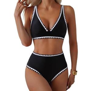 MOOSLOVER Women Whip Stitch Bikini Sets Plunging High Waisted 2 Piece Swimsuit Summer Beach Swim Bathing Suits, Size L