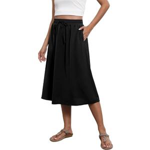 Flowy Skirt Midi Length Elastic High Waist A-Line Skirt with Pockets Boho for Women 2025 Trendy, L