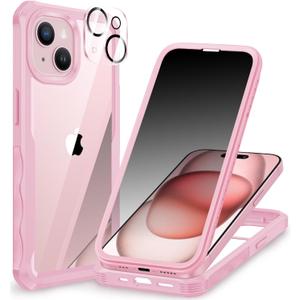 CENHUFO Privacy for iPhone 15 Case, Full Body Phone Case with Built-in 9H Tempered Glass Privacy Screen Protector and Camera Lens Protector, Anti Peep Spy Shockproof Bumper Clear Cover - Pink