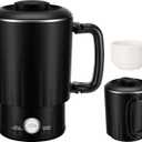Portable Travel Electric Kettle, 600ML Small Water Kettle with Ceramic Cup, 304 Stainless Steel Water Boiler with Dual Power Control, Compact Design for Camping, RV, Business Trip & Hotel Stays, Black