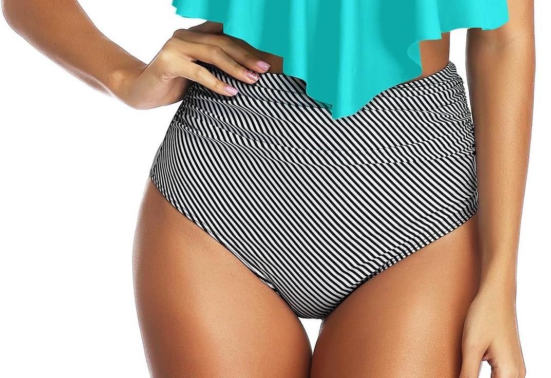 Tempt Me Women High Waisted Bikini Swimsuit Ruffle Bathing Suits Tummy Control Tankini Ruched Swimwear (Large, Stripe)