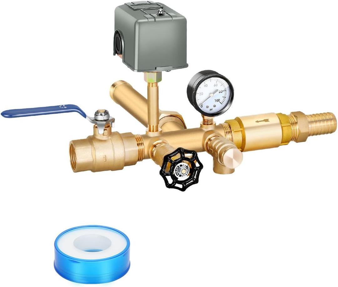 1"x 11"Well Pressure Tank Tee Kit with 40-60Psi Pressure Switch, Ball Valve, Pressure Gauge, Relief Valve, Drain Valve, Check Valve, Male Adapter, Well Tank Tee Kit for Tank with Diameters Up to 16"
