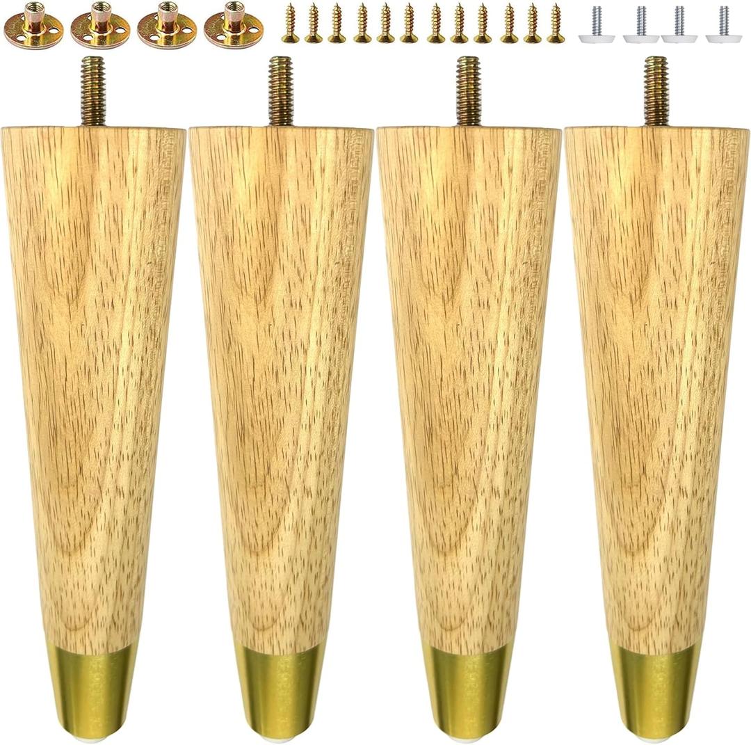 4-Pack 8-Inch Solid Hardwood Furniture Legs, Mid-Century Style with Golden Metal Caps - Natural Color, Perfect for Couches, Dressers, Chairs, and Cabinets