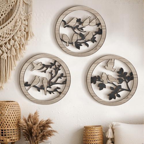 Sintuff 3 Pcs Bird Wall Decor Bird on Tree Branch Farmhouse Wall Decor 9.8 Inch Rustic Wood Art Sculpture Hanging for Living Room Kitchen Home Outdoor Bedroom Bathroom Office
