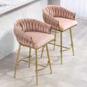 26 Inches Counter Height Bar Stools Set of 2,Kitchen Island Counter Bar Stool with Hand Made Wave-Shaped Back,Golden Chromed Frame,Toothpick Leg and Footrest (Pink, Toothpick Legs with Fixed Feight)