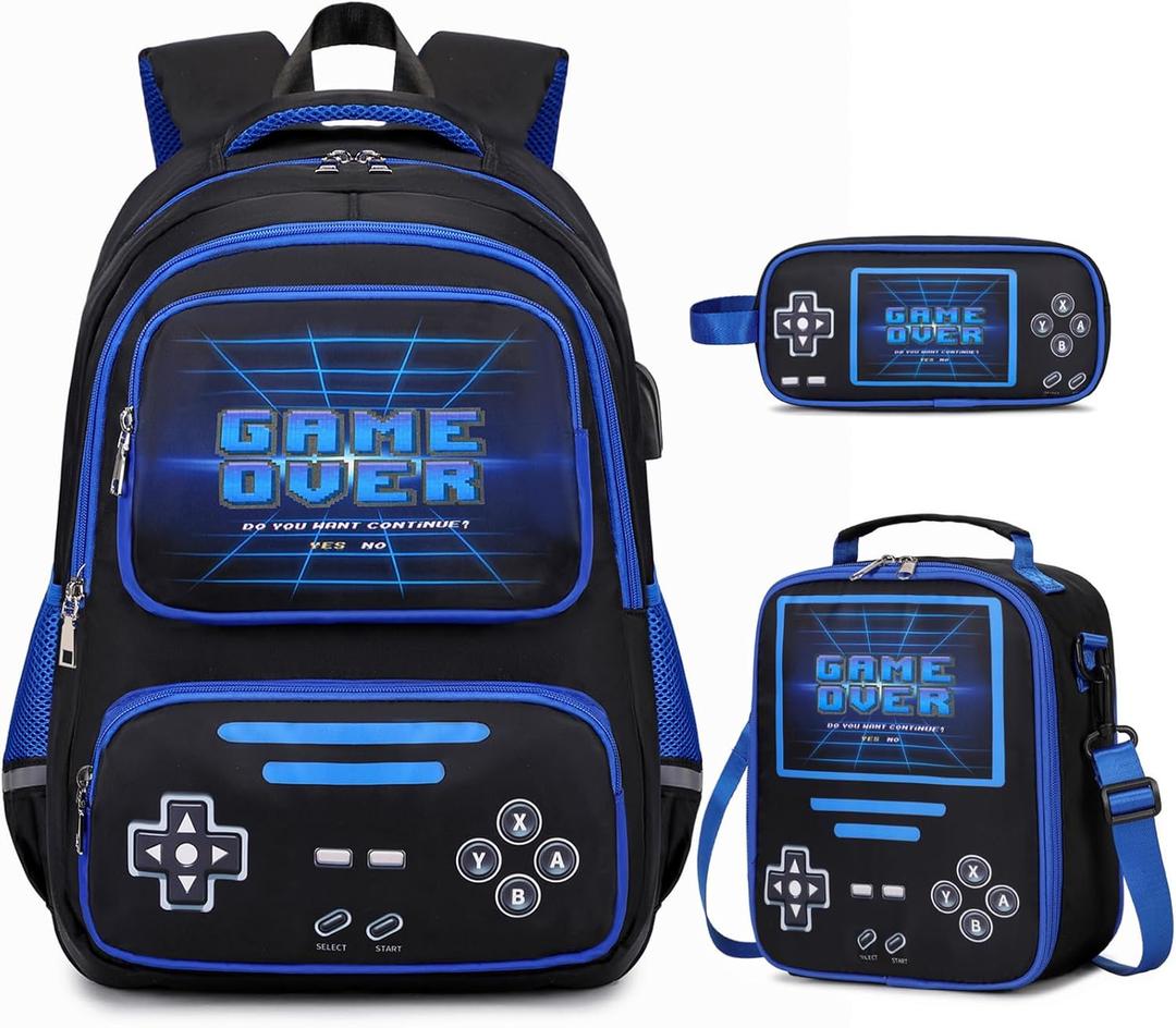 Gamer Backpack for Boys - Cool Luminous School Backpack for Boys with Lunch Bag Pencil Case - Kids Elementary Middle School Book Bags for Teen with USB Charging Port (Black
