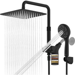 Ryamen Upgraded Dual Shower Heads Combo, 10 inch Filtered Shower Head with Handheld, 3-Way Rain Shower Head with Filters, 7 Settings Handheld Spray, High Pressure, Height Adjustable (Black)