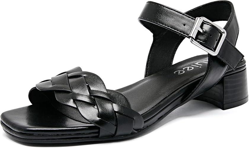 Ruiee Women's Heels Chunky Heeled Sandals for Women, Summer Block Low Heels Ankle Strappy Square Open Toe Dressy Wedding Womens Sandals, Size 10