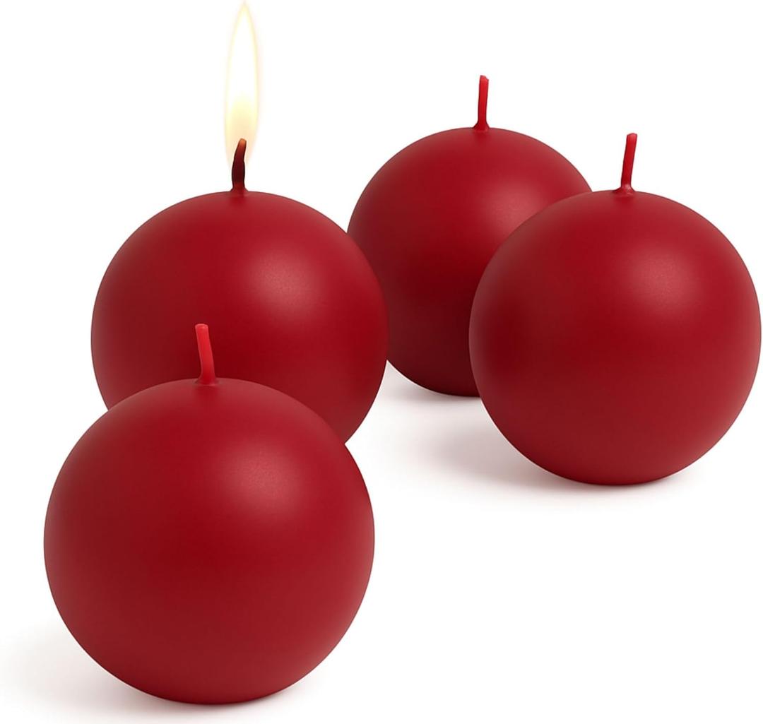 Biedermann & Sons Cranberry Round Candles (Set of 4), Unscented Dripless Balls, 2.5" Spheres, 8 Hour Burn, for Wedding Decor and Party Centerpieces
