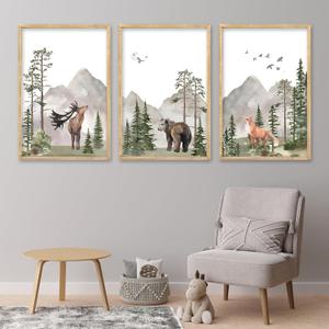 Set Of 3 Wild Woodland Nursery Animals Wall Art Decor 16x11 Inch Safari Foggy Forest Deer Bear Fox Posters Wood Framed Sign Jungle Children's Boys Girls Room Watercolor Prints Hang (Wood)
