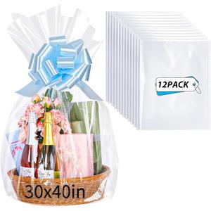 woric 12PCS Large Cellophane Bags 30x40 Inch Clear Cello Gift Bags Cellophane Wrap for Gift Baskets Mothers Day Graduation Gifts Decorations Candy Baby Bridal Shower Wedding Party favor Birthday