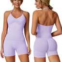 ABOCIW Workout Sets for Women 2 Piece Seamless Impact Longline Strappy Top Scrunch Butt High Waist Biker Shorts Gym Set (Small, Lilac)