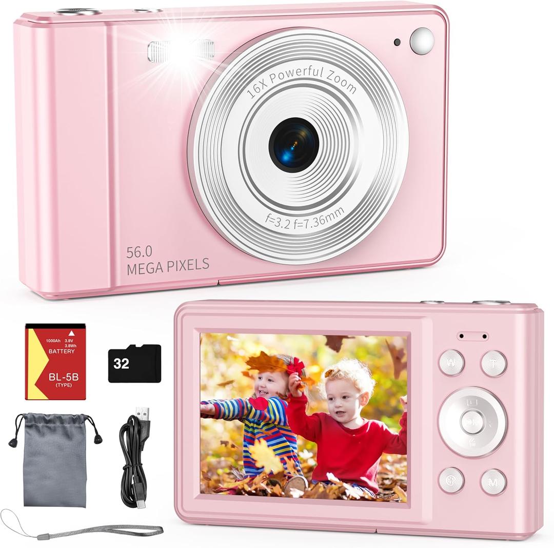 2025 New Digital Camera, 56MP FHD 1080P for Kids with 16x Digital Zoom Anti Shake, Face Detect, Smile Capture, 32GB TF Card, Battery, Lanyard, a Great Gift for Boys & GirlsPink