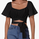 Rooscier Women's Ruched Wrap Ruffle Flare Short Sleeve Square Neck Self Tie Crop Top Blouse, Smal