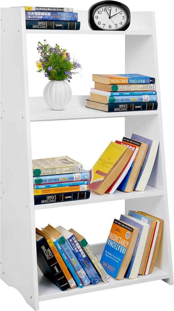 Open 4 Tier Bookcase, Wooden Kitchen Shelf, Freestanding Display Storage, Bookshelf for Bedroom, Living Room and Office (White, Ladder)