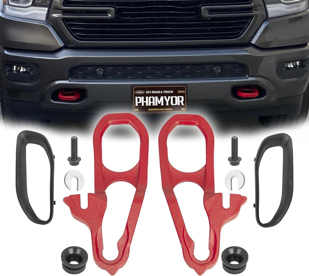 Heavy Duty Front Tow Hooks Fit for 2019-2024 Dodge Ram 1500 DT, Replace OE 82215268AB 68272944AB 68272945AB, Left & Right, Red