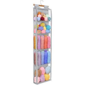 Hanging Yarn Storage with 5 Large Pockets, Clear Knitting Organizer Storage with Zippers for Crochet Lovers, Hanging Yarn Holder with Over-Door Hooks for Knitting Needles Crochet Hooks, Grey