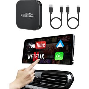 5-in-1 Wireless CarPlay Adapter with Netflix/YouTube/TF, Android Auto & Carplay Adapter with USB-A and USB-C Cables,Convert Wired to Wireless Apple Dongle, Magic Video Ai Box Car Play for iOS 10+