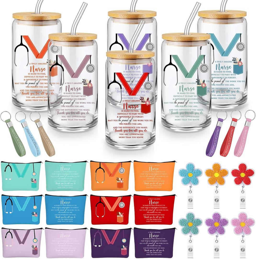 4 Pcs CNA Week Appreciation Gifts Set 16 oz Glass Cup with Lid Makeup Bag Keychain Badge Reel Happy CNA Week Party for Medical Assistant Nursing Student(24 Pcs,Multicolor,Stethoscope)