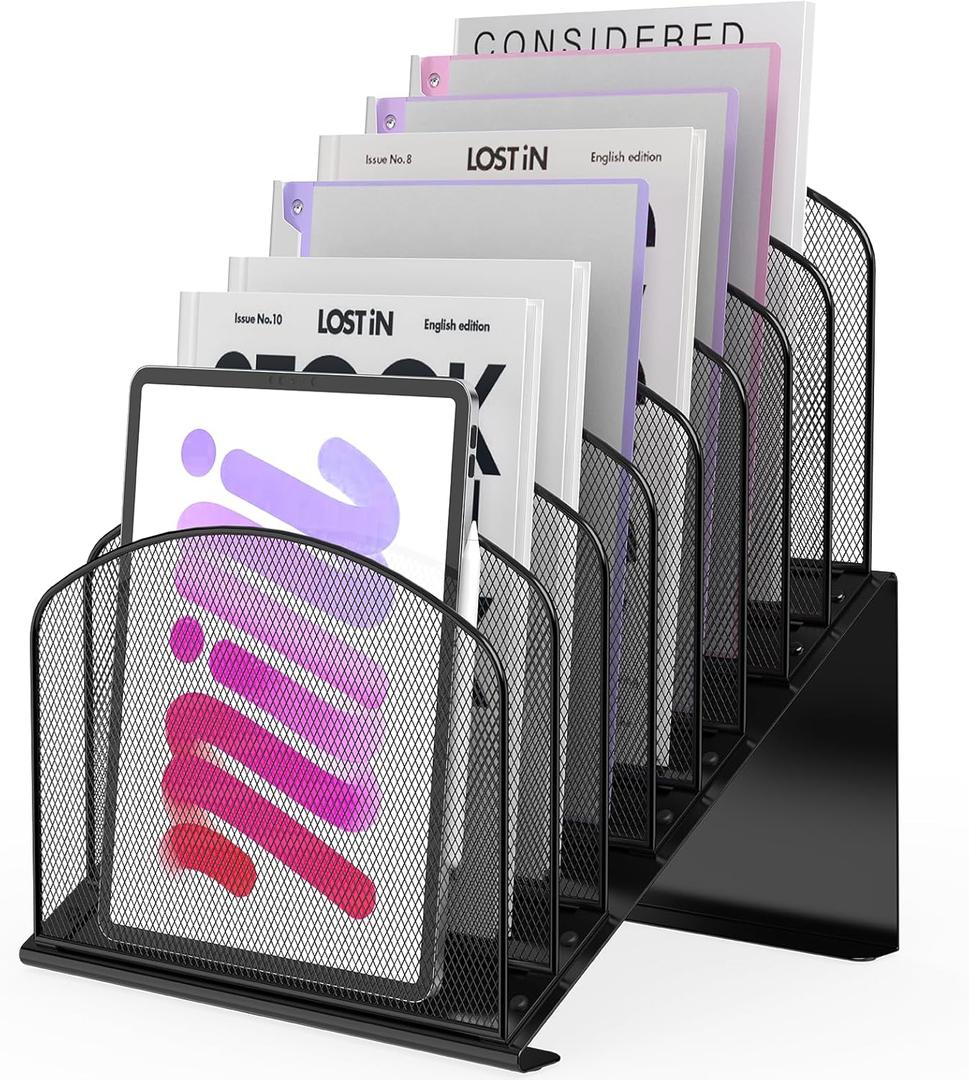 Inclined Desk File Organizer Metal Desk Magazine Folder Holder with 8-Section Vertical Compartments Rack File Organizer for Office, Home, School, Black