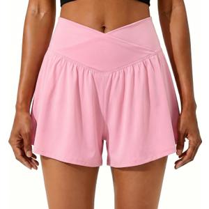 PrinStory Athletic Shorts for Women High Waisted Tennis Shorts Lightweight Workout Running Flowy Skorts (Small, Pink)