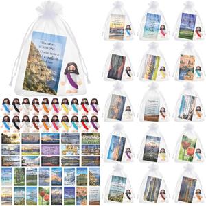 Bememo 50 Sets Christian Gifts Bulk Bible Verse Cards Include Little Jesus Figures Prayer Cards and Organza Bags for Religious Party Favors Sunday School Baptism Gifts(Landscape Style,Classic)